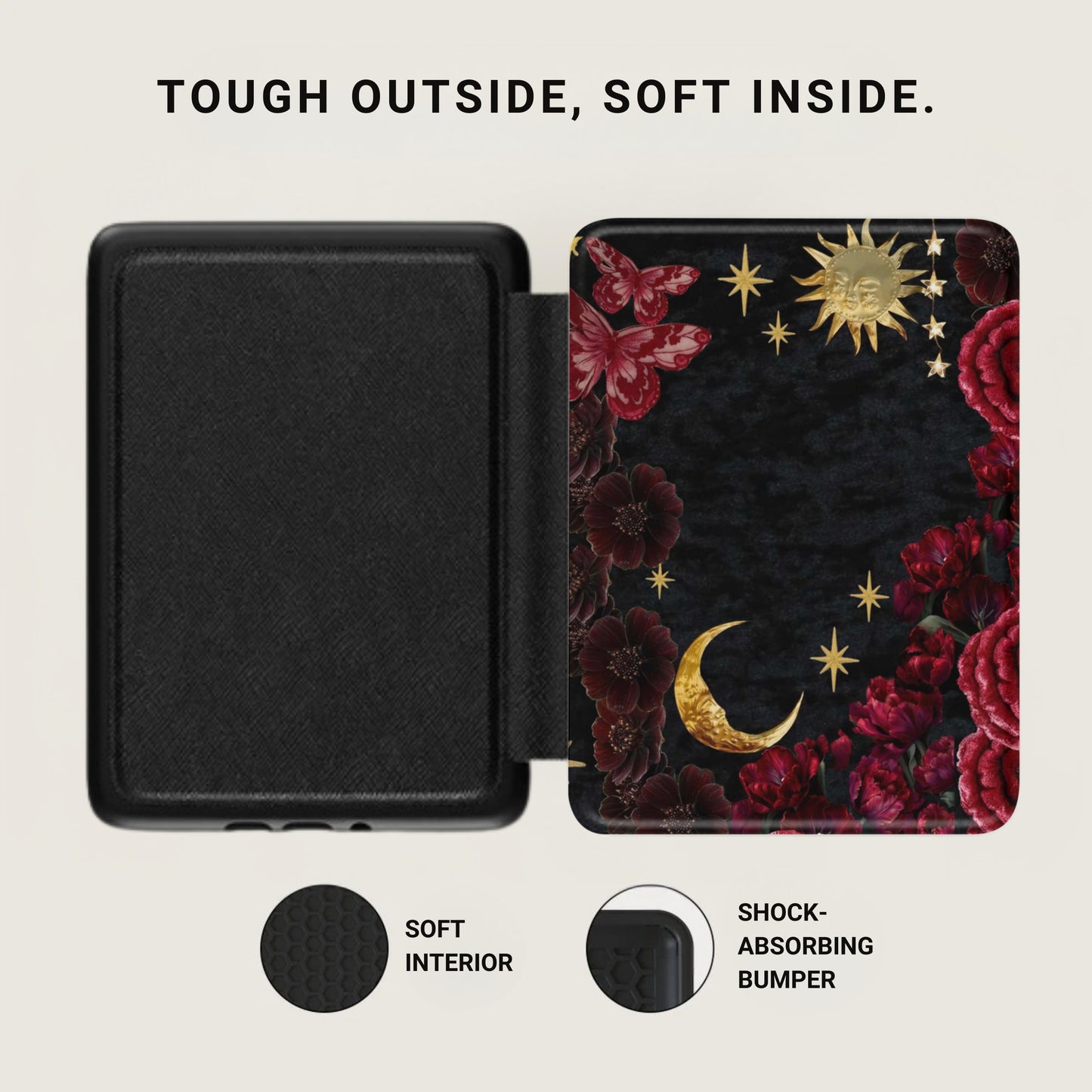 Black cover open, showing textured interior and celestial floral design.