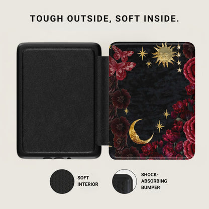 Black cover open, showing textured interior and celestial floral design.