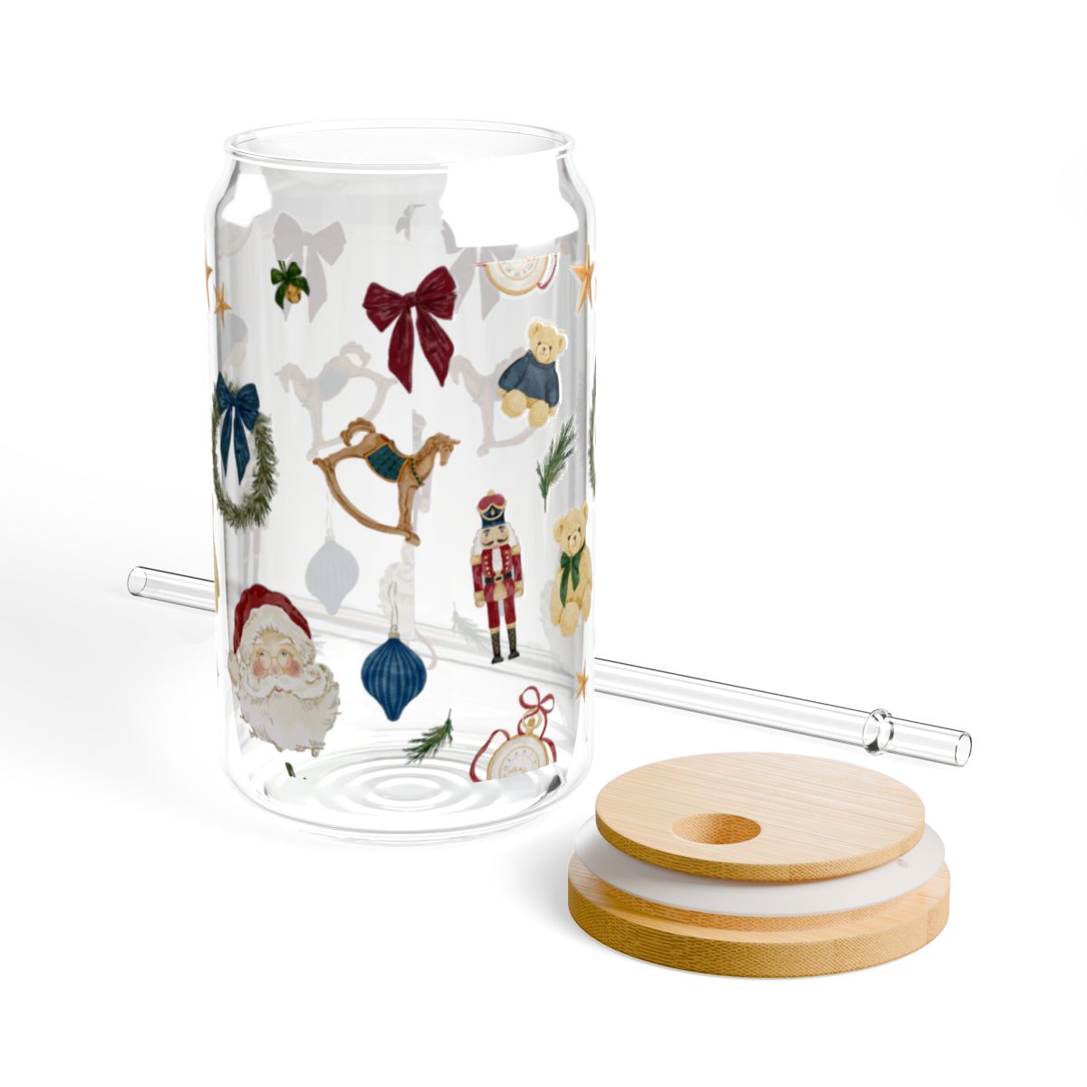 Vintage Christmas Decor Clear Glass Tumbler with Straw