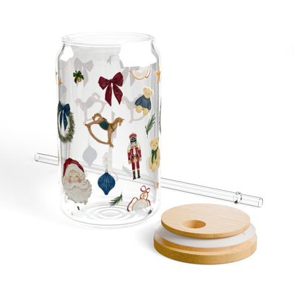 Vintage Christmas Decor Clear Glass Tumbler with Straw