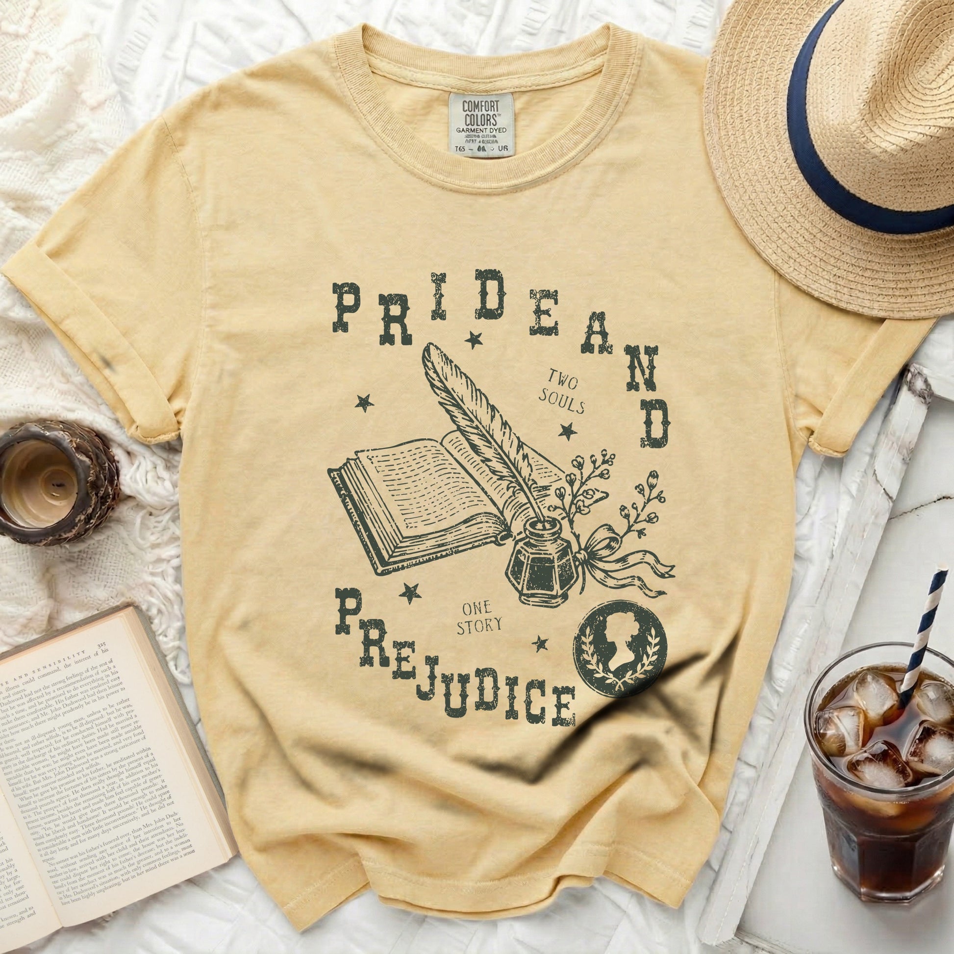 Yellow t-shirt with "Pride and Prejudice" text and book graphic.