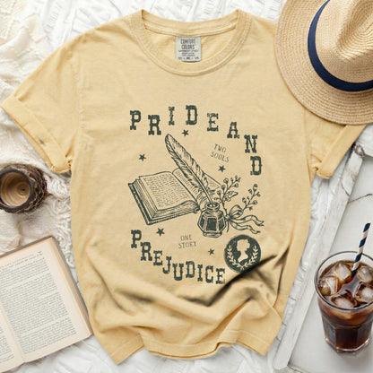 Yellow t-shirt with "Pride and Prejudice" text and book graphic.