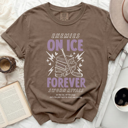 Comfort Colors t-shirt with "Enemies on Ice Forever Sworn Rivals" text.