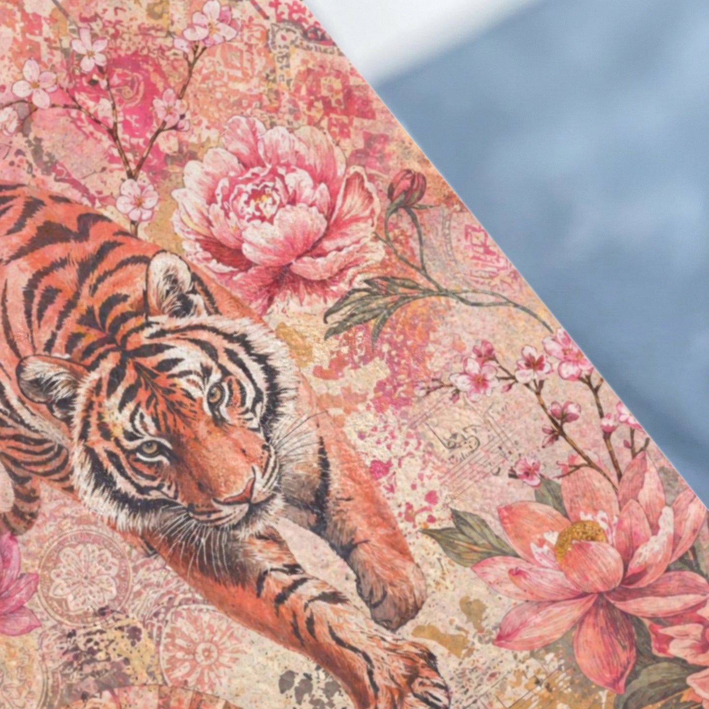 Tiger with flowers and ornate patterns on a textured background.