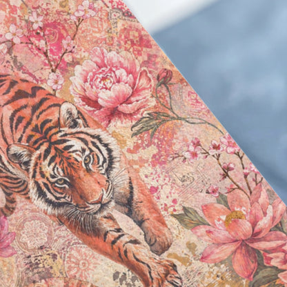 Tiger with flowers and ornate patterns on a textured background.