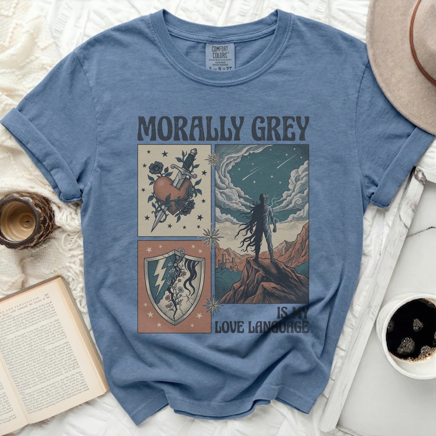 "Morally Grey Is My Love Language" graphic tee with comic panels.