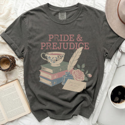 Grey t-shirt with "Pride & Prejudice" text and literary icons.