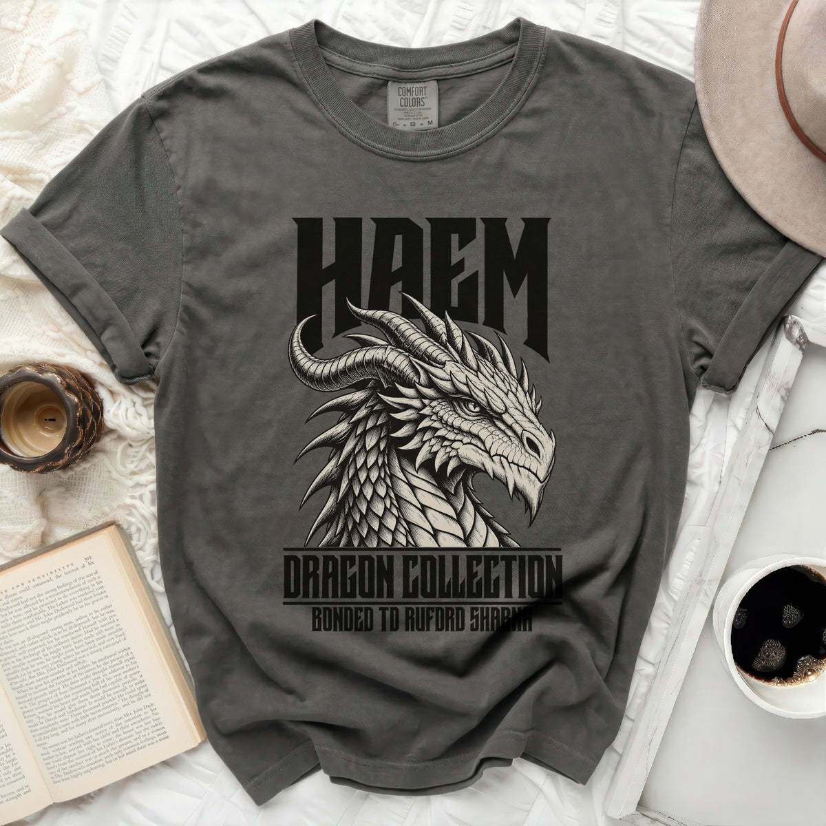 Grey t-shirt with a black dragon graphic and "HAEM DRAGON COLLECTION" text.