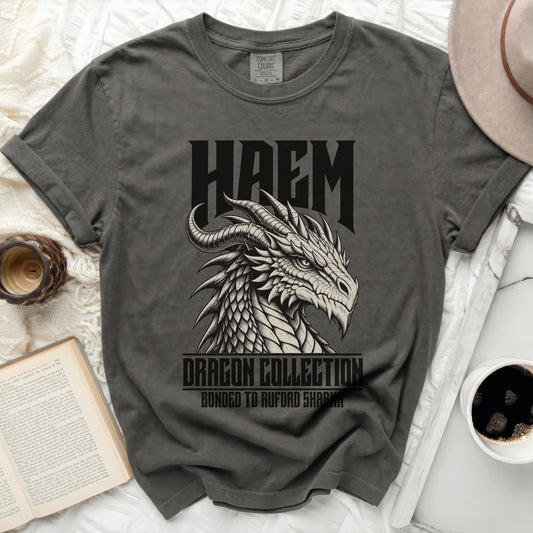 Grey t-shirt with a black dragon graphic and "HAEM DRAGON COLLECTION" text.