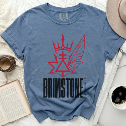 Blue t-shirt with a red brimstone and fairy wing graphic and text.