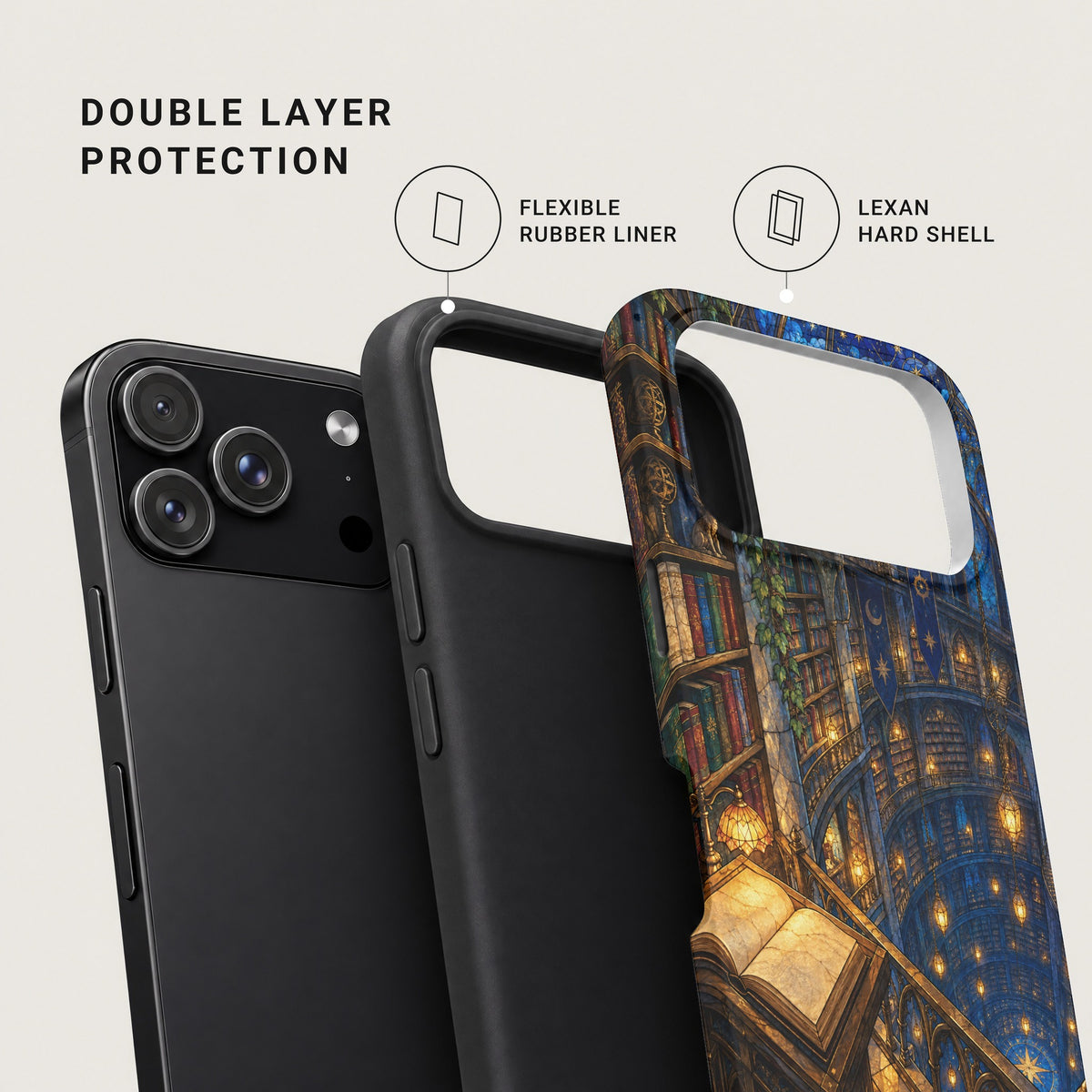 An exploded view of a smartphone case showing a flexible rubber liner and a Lexan hard shell with a library design.