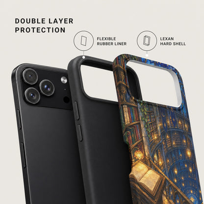 An exploded view of a smartphone case showing a flexible rubber liner and a Lexan hard shell with a library design.