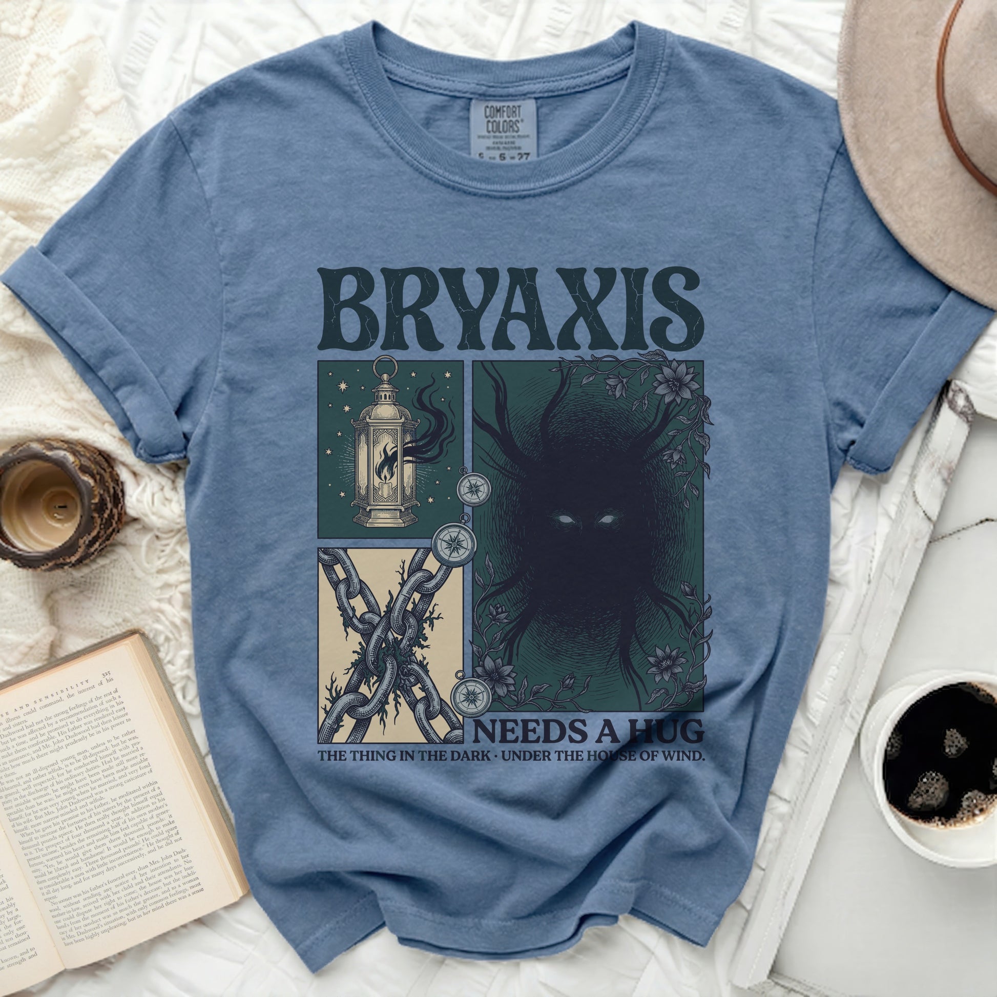 Bryaxis graphic with lantern, chains, and creature. Needs a hug.
