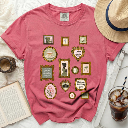 Pink t-shirt with framed vintage illustrations and quotes.