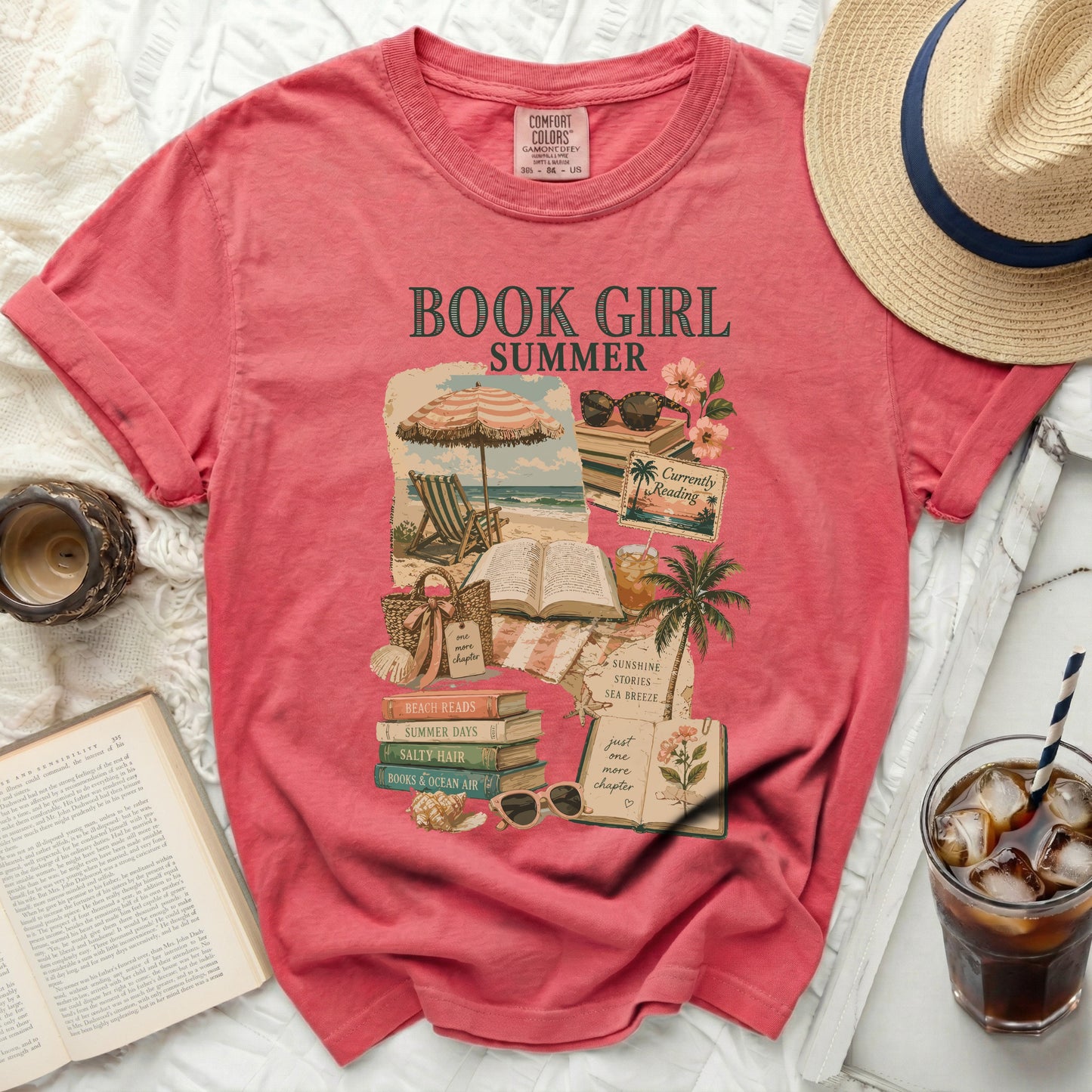T-shirt with "Book Girl Summer" graphic featuring beach and book illustrations.