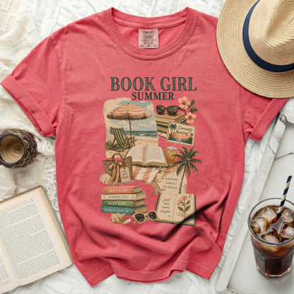 T-shirt with "Book Girl Summer" graphic featuring beach and book illustrations.