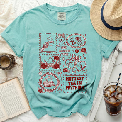 Teal t-shirt with vintage-style red graphic elements and text.
