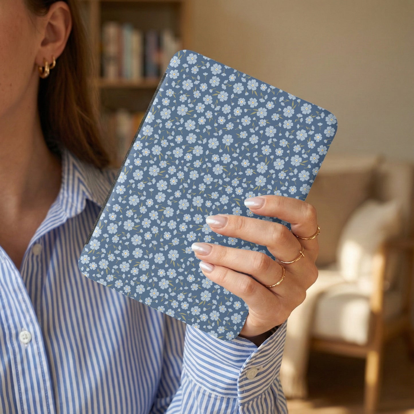 Blue Floral Pattern Protective Tablet Cover Accessory