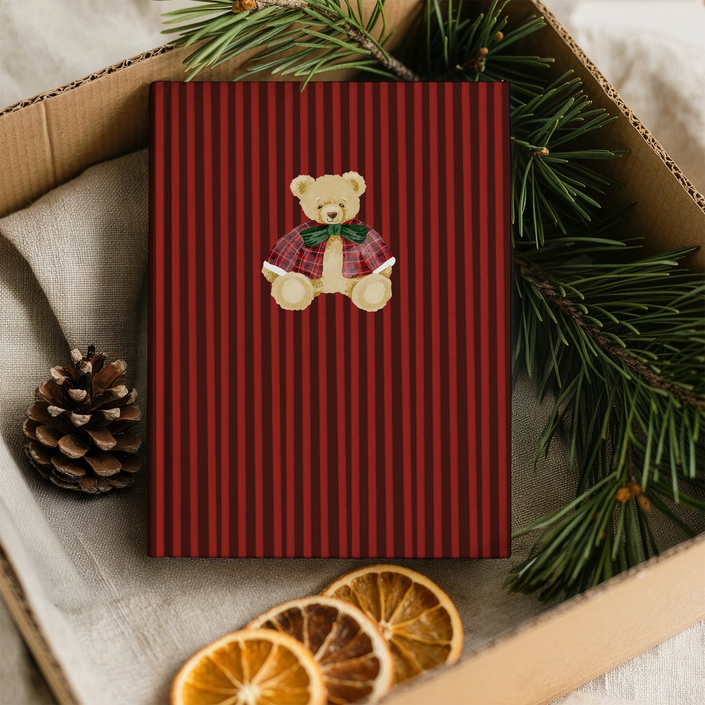 Festive Red Striped Teddy Bear Christmas Notebook