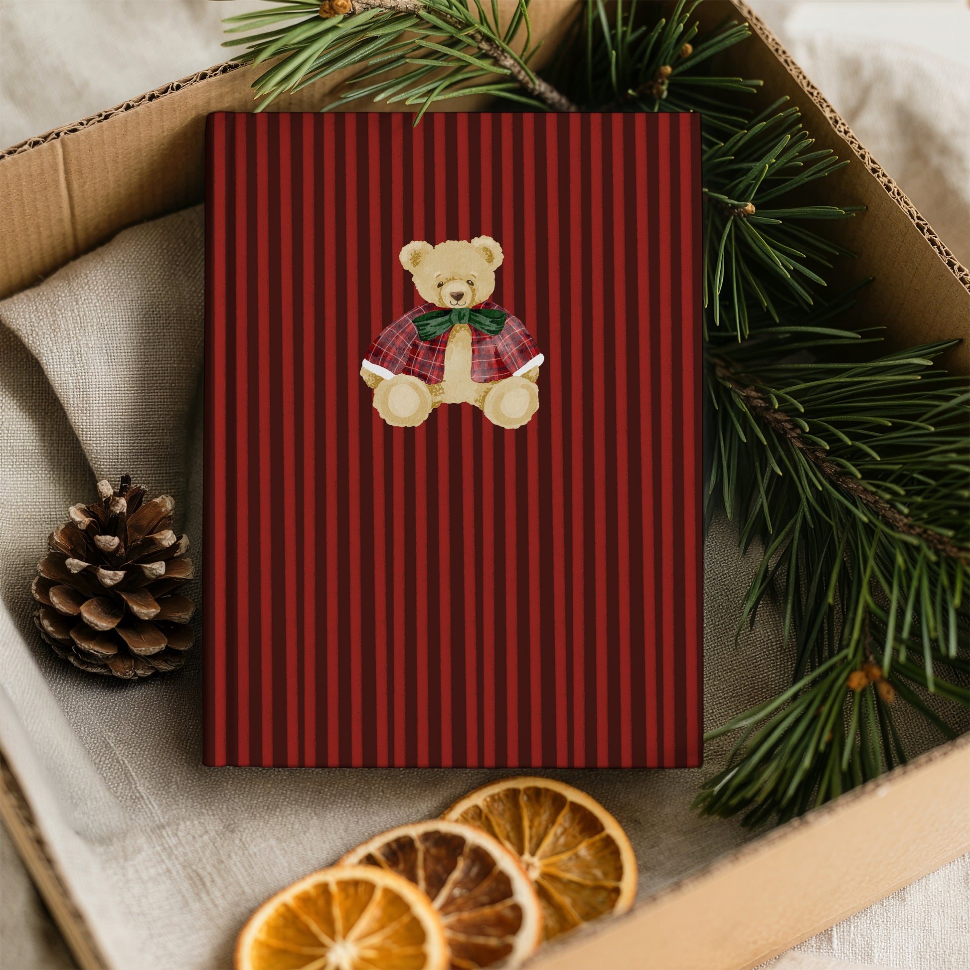 Festive Red Striped Teddy Bear Christmas Notebook