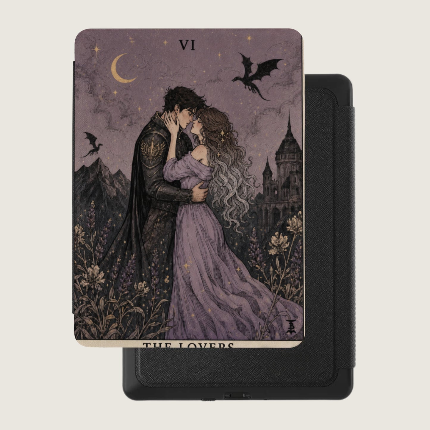 Tarot card with couple embracing, castle and dragons under starry sky, reading "THE LOVERS".