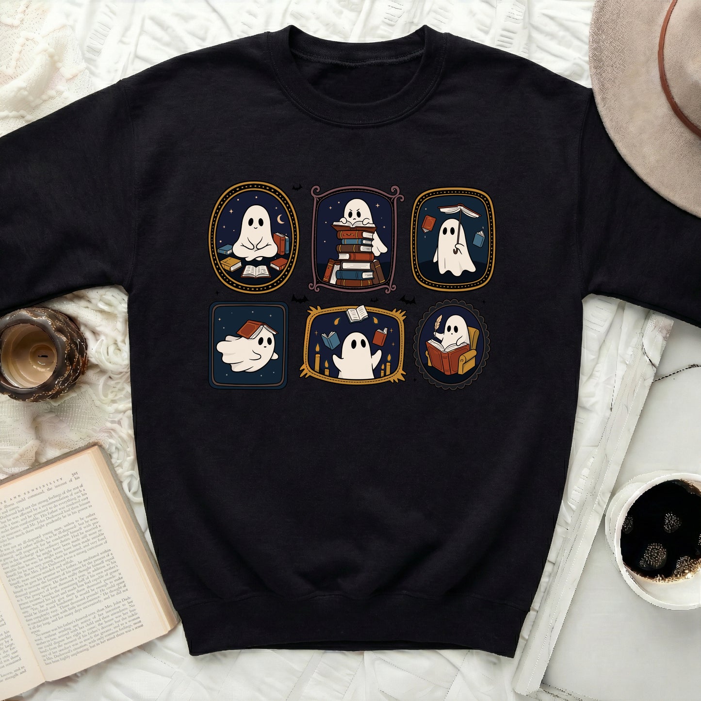 Six cute ghosts reading books and sitting near candles and moon.