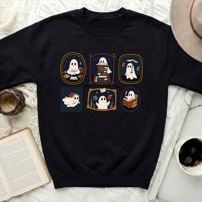 Six cute ghosts reading books and sitting near candles and moon.