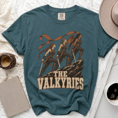 Teal t-shirt with "The Valkyries" graphic of three women with swords.