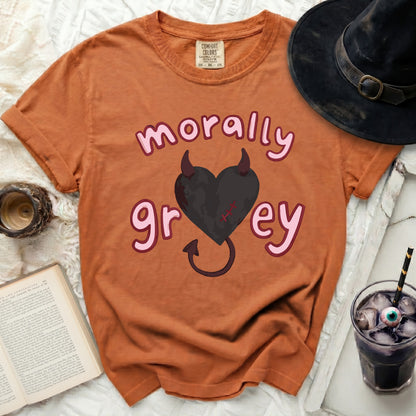 Orange t-shirt with "morally grey" text and a black heart with horns.