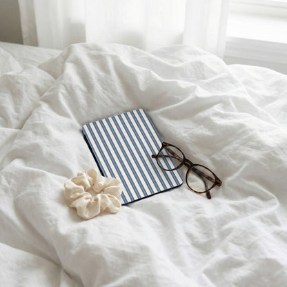Blue and White Striped Tablet Case on Bed Linen