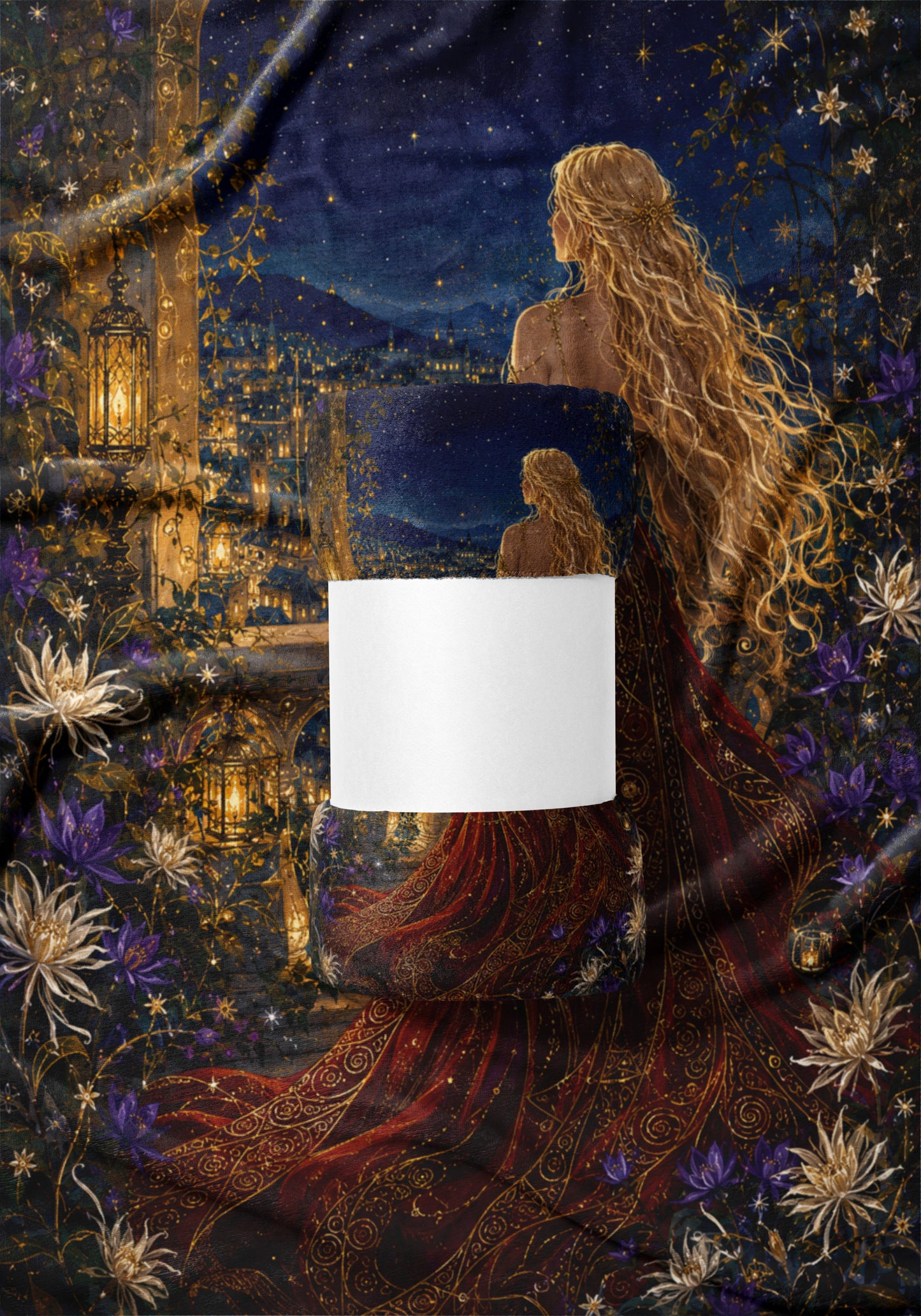 Woman with flowing blonde hair in a red gown overlooks a starry night city.