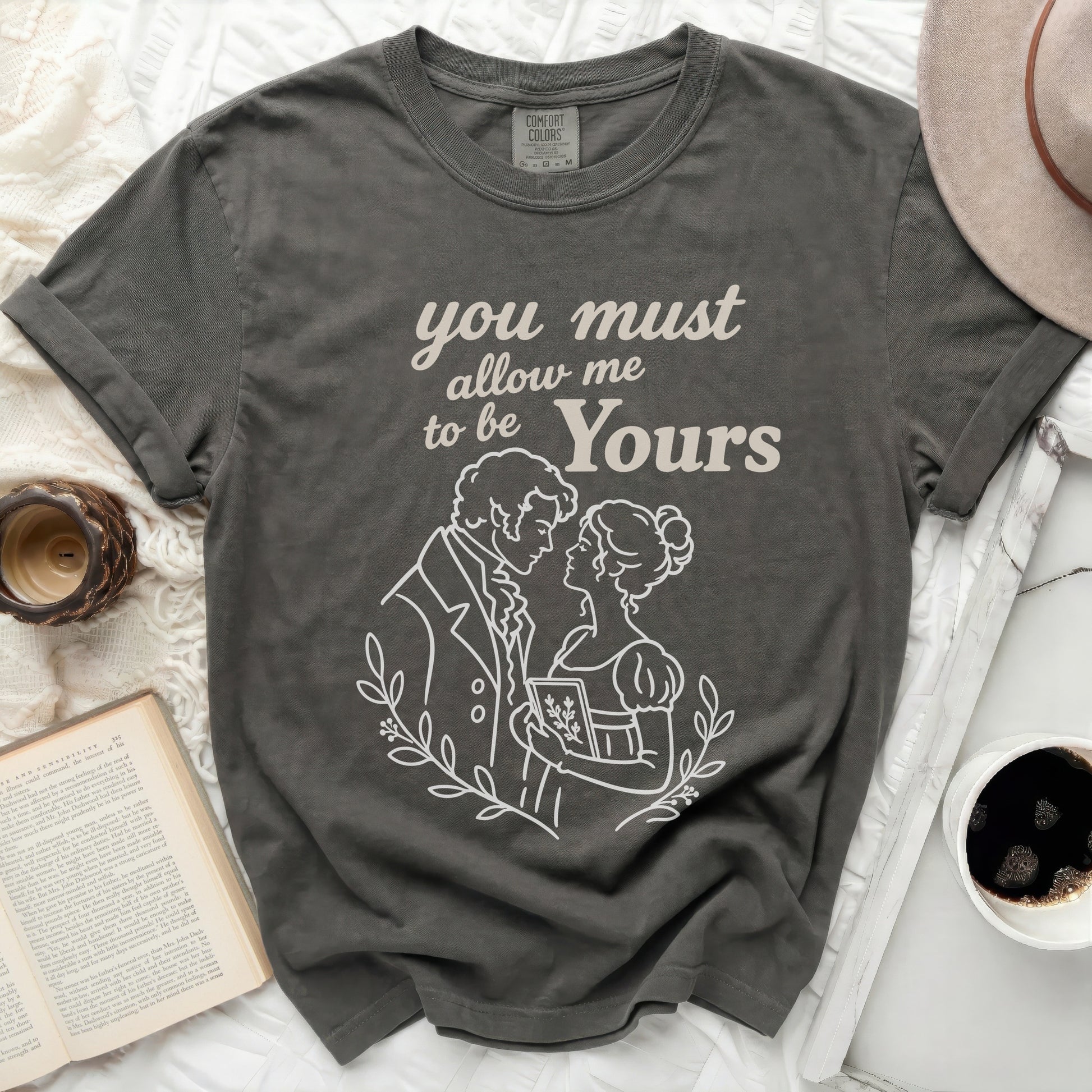 Dark gray Comfort Colors t-shirt with "you must allow me to be Yours" text and couple illustration.