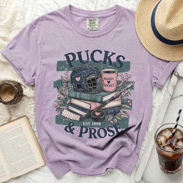 Pucks & Prose Literary Hockey Tee in Orchid