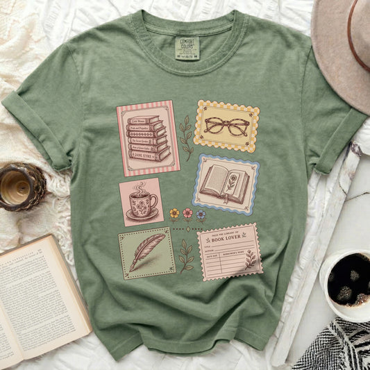 T-shirt with vintage book illustrations and library card graphic.