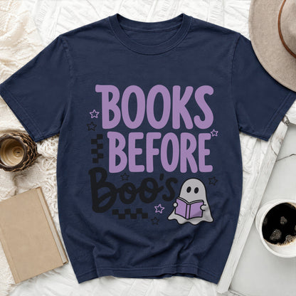 Navy t-shirt with "Books Before Boo's" and a ghost reading a book graphic.