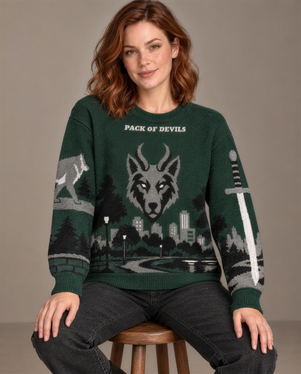 Pack of Devils knitted sweater, seated
