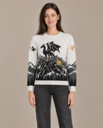 Tairn and Andarna knitted sweater, front with black and gold dragons on a mountain crag