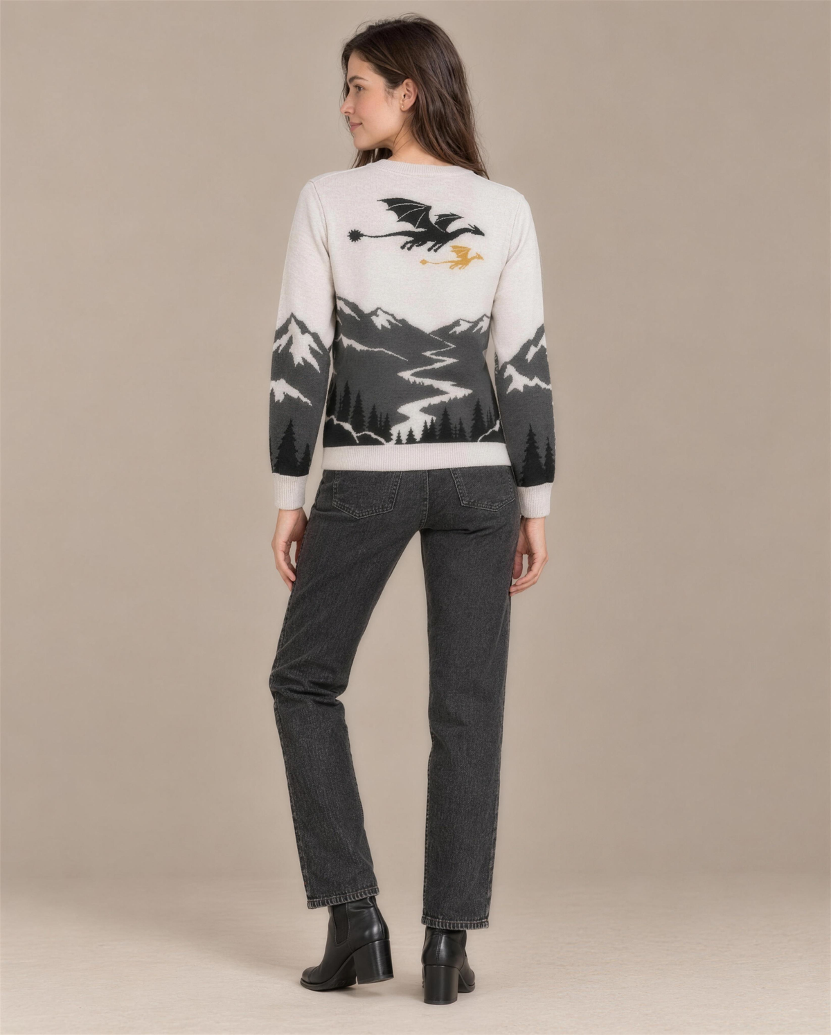 Tairn and Andarna knitted sweater, back with two dragons in flight