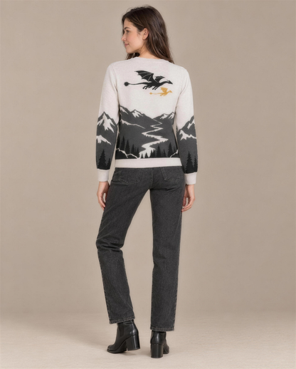 Tairn and Andarna knitted sweater, back with two dragons in flight