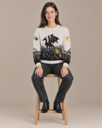 Tairn and Andarna knitted sweater, seated