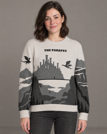 The Parapet knitted sweater, front with castle, dragon and bridge