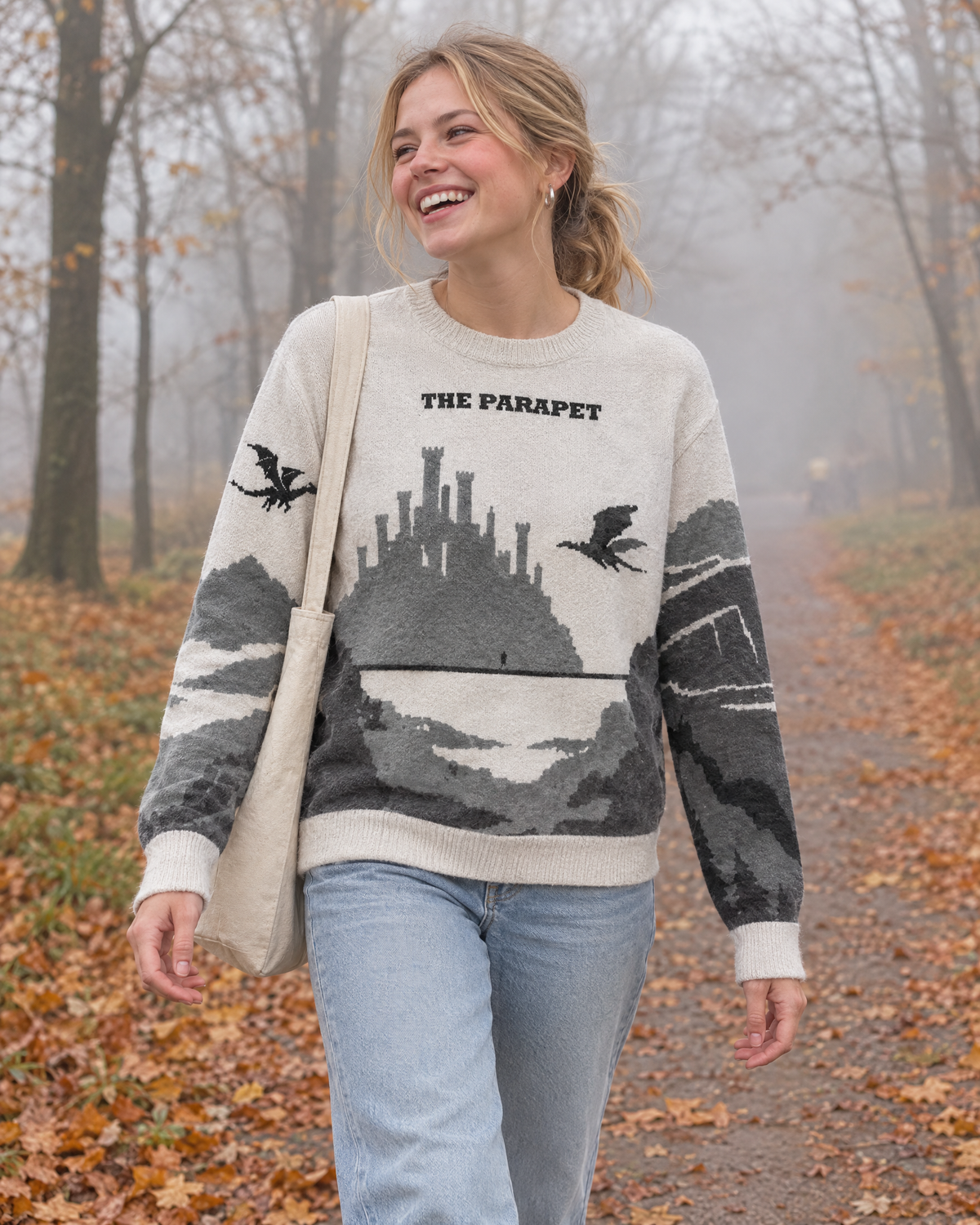 The Parapet knitted sweater, autumn park walk