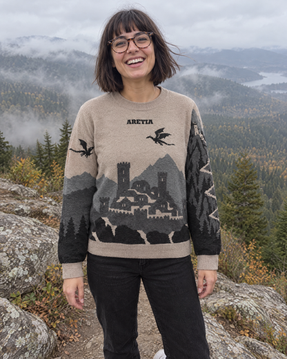 Aretia knitted sweater, mountain trail viewpoint