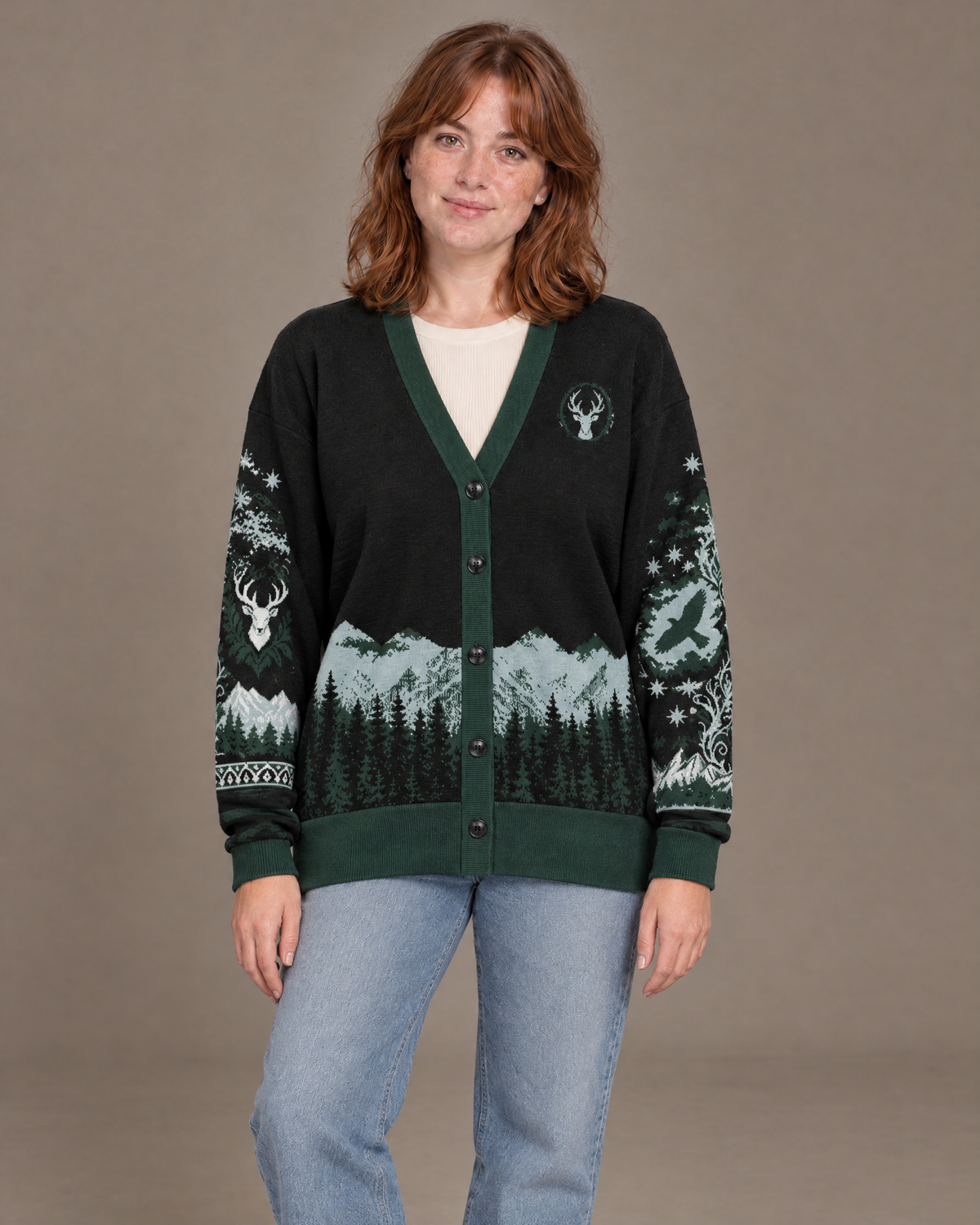 Terrasen Stag Knitted Cardigan, oversized fit, front, buttoned