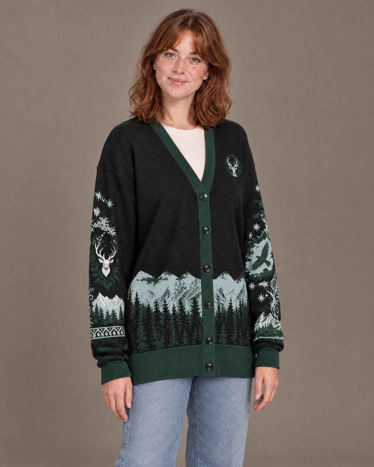 Terrasen Stag Knitted Cardigan three-quarter view