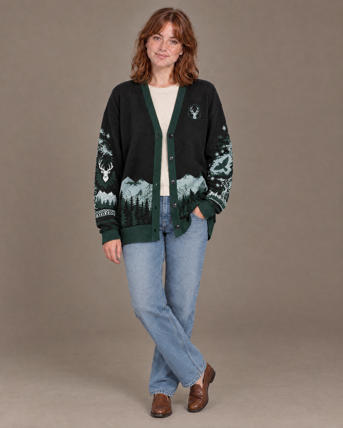 Terrasen Stag Knitted Cardigan worn open, full length