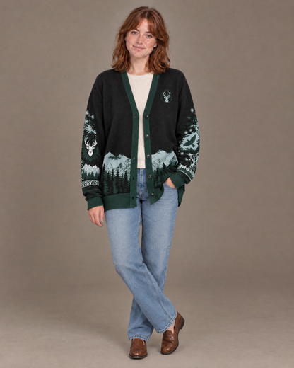 Terrasen Stag Knitted Cardigan worn open, full length
