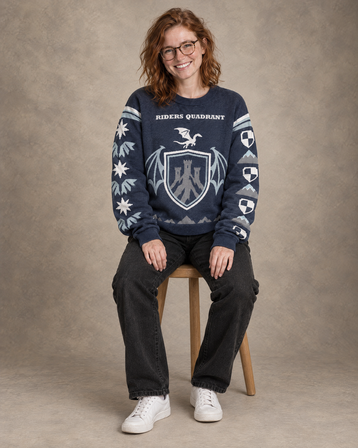 Riders Quadrant knitted sweater, seated