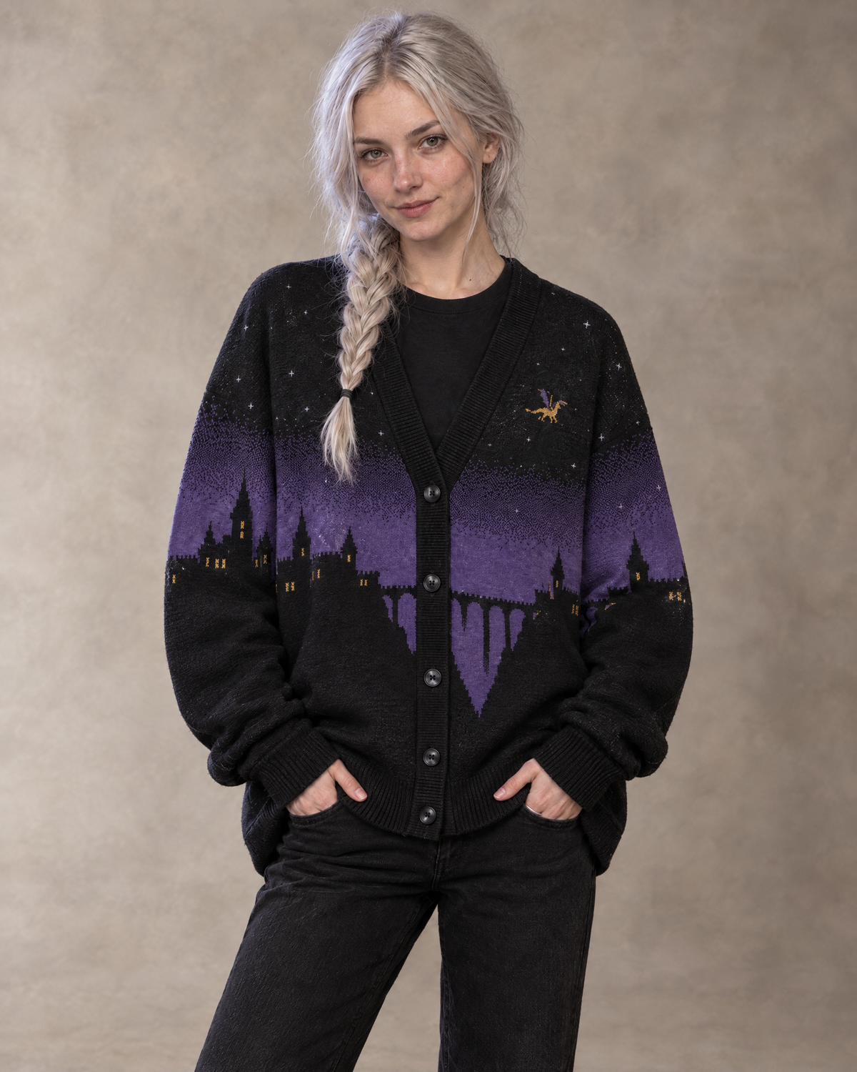Fly or Die Basgiath Night Knitted Cardigan, oversized fit, studio