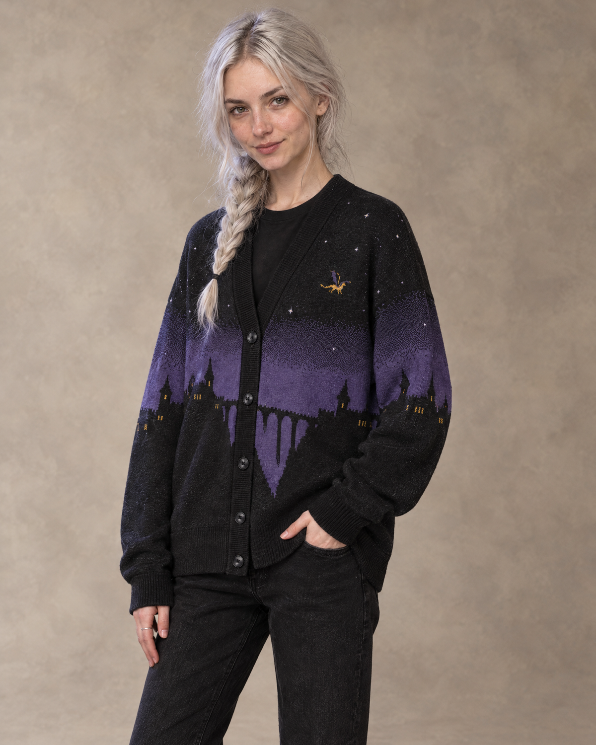 Fly or Die Basgiath Night Knitted Cardigan, three-quarter view